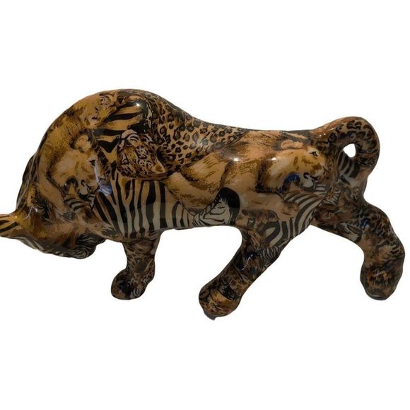 Vtg Porcelain Patchworks Safari Bull Figurine 12" x 4"‎ x 5 3/4" - Picture 2 of 6